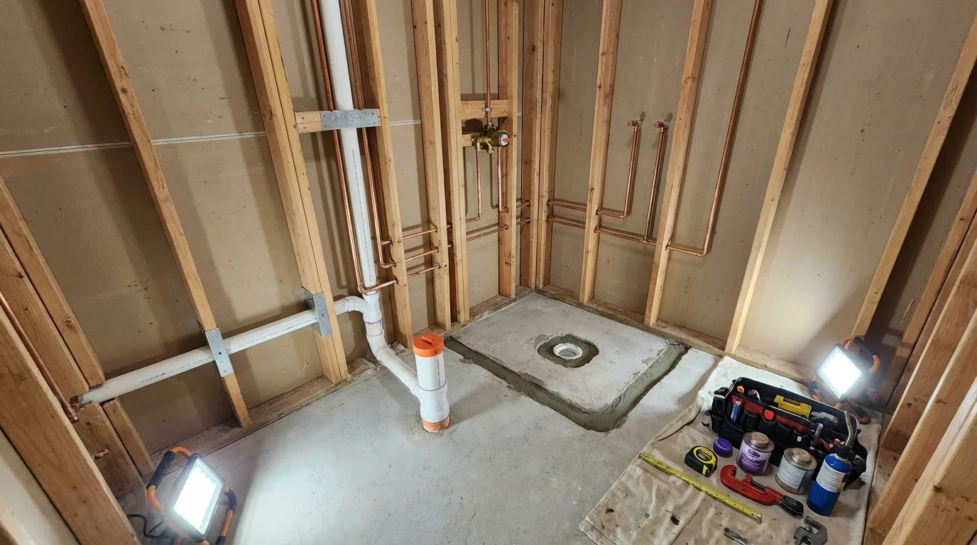 Bathroom rough-in plumbing during remodel by Johns Plumbing LLC in Iona