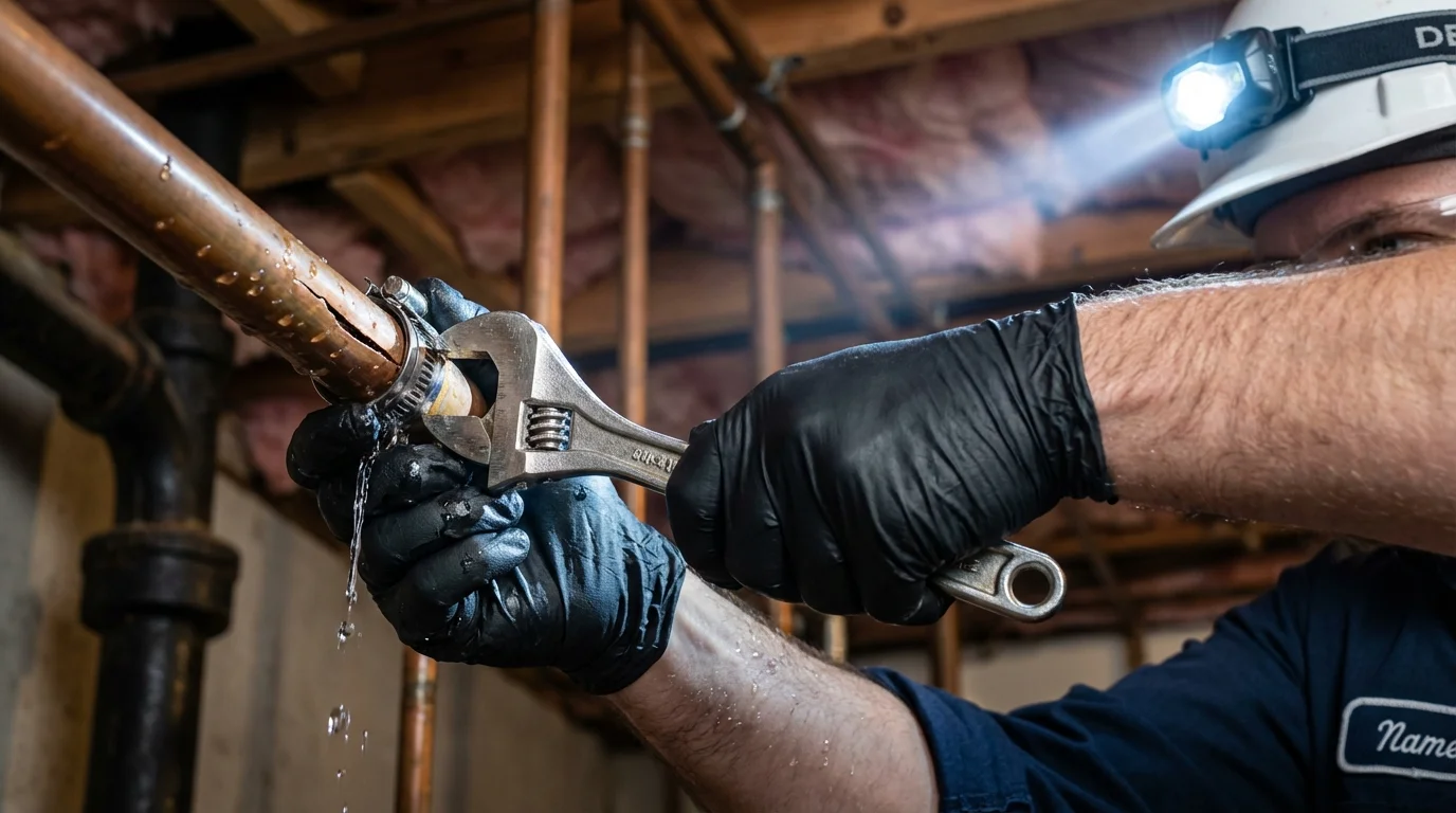 Emergency pipe clamp repair being performed by a Johns Plumbing LLC plumber in Iona