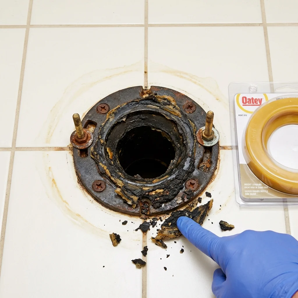 Failed wax ring showing water seepage at the base of a toilet in a Iona, ID home