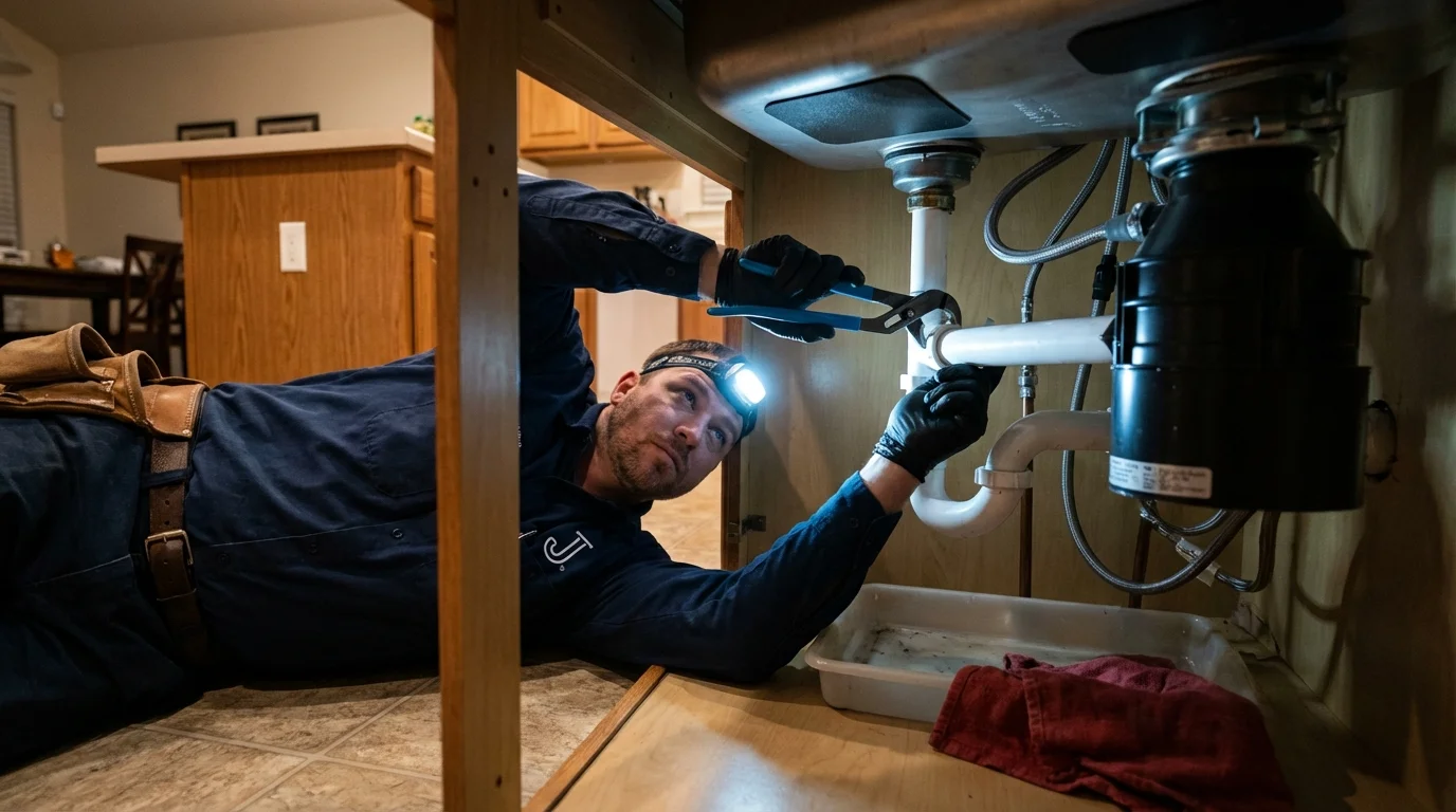 P-trap and supply line connections under a kitchen sink showing a common leak point in Iona, ID